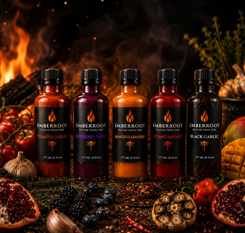 EmberRoot lineup: Tomato Garlic, Blueberry Ghost, Mango Habanero, Pomegranate, and Black Garlic